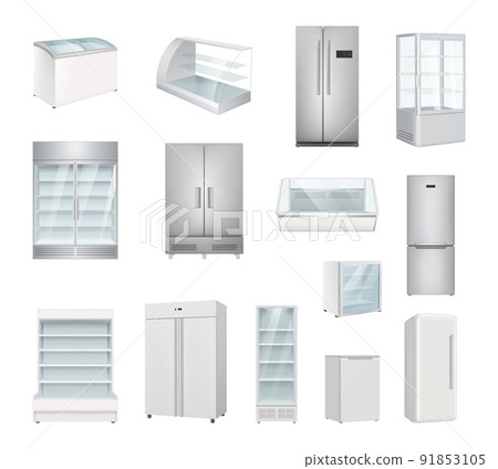 Refrigerators. Industrial and home frozen refrigerators various models decent vector illustrations in realistic style Refrigerators. Industrial and home frozen refrigerators various models decent vector illustrations in realistic style 91853105
