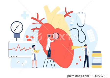 Cardiology diagnostic concept with tiny doctors and nurse. Cardiologist look at patient heart before operation, hospital work recent vector scene 91853768