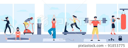 People at gym. Sport exercise indoors, guys active fit workout. Strength and cardio training with weight, yoga class and athlete recent vector person 91853775