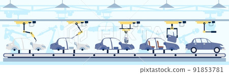 Car conveyor. Manufacturing auto with motor, car smart robotics production line. Industrial manufacture, automobile assembly process recent vector scene 91853781