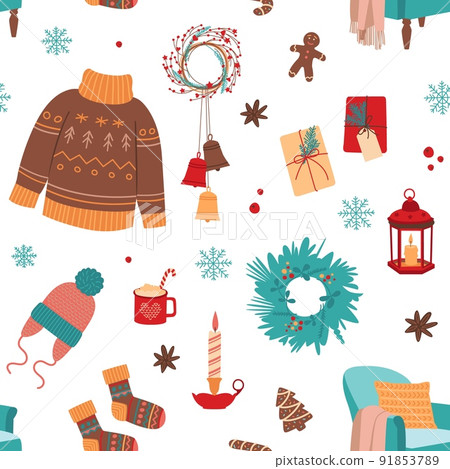 Cozy christmas seamless pattern. Delicious hygge winter holidays, candy drink and comfortable armchair. Warm wool sweater, merry santa time classy vector print 91853789