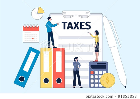 Tax concept. Taxes date, people accounting declared bills. Legal invoice and budgeting. Account form for financial income, audit service recent vector scene 91853858