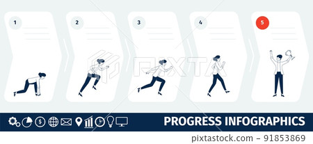 Woman work progress. Triumph businessperson, girl promoted to business goals. Businesswoman infographics, corporate leader growth recent vector concept Woman work progress. Triumph businessperson, girl promoted to business goals. Businesswoman infographics, corporate leader growth recent vector concept 91853869