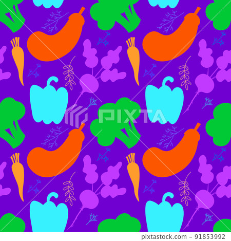 Vegetable seamless pattern. Summer garden ornament. Bright veggies on white background. Cute vegan healthy food texture. Flat silhouette. EPS Vegetable seamless pattern. Summer garden ornament. Bright veggies on white background. Cute vegan healthy food texture. Flat silhouette. EPS 91853992