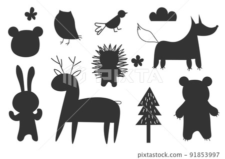 Forest animals silhouettes, isolated on white background vector illustration. Woodland forest animals collection including deer, bear, owl EPS Forest animals silhouettes, isolated on white background vector illustration. Woodland forest animals collection including deer, bear, owl EPS 91853997