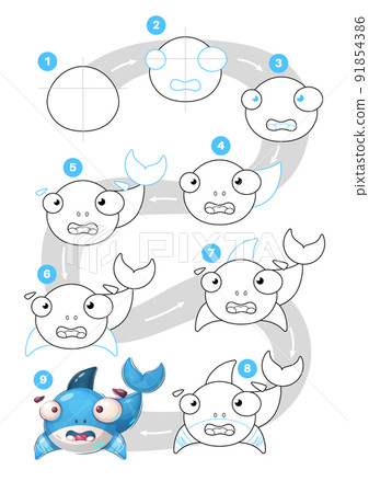 Cartoon character animal fish shark - drawing tutorial 91854386