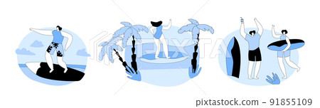 Set Young Surfers Riding Sea Wave on Surf Boards and Relaxing on Sandy Beach with Palm Trees. Summertime Vacation 91855109