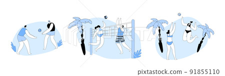 Set of Young People Playing Beach Volleyball. Men and Women in Swimwear Hitting Ball to Each Other over Net 91855110
