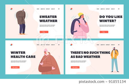 Freezing People at Wintertime Landing Page Template Set. Cold Weather Concept. Male Female Characters Wear Warm Clothes 91855134