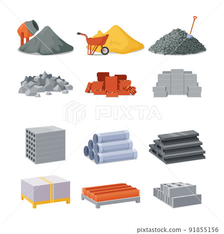 Construction And Building Materials Isolated Icons. Concrete Mixer, Pile Of Cement, Trolley With Sand And Gravel or Stones Construction And Building Materials Isolated Icons. Concrete Mixer, Pile Of Cement, Trolley With Sand And Gravel or Stones 91855156