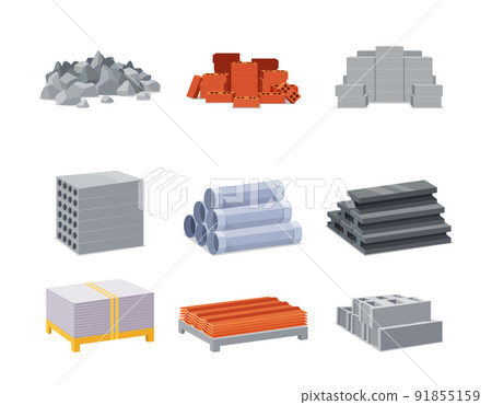 Construction And Building Materials Isolated Icons. Concrete Blocks, Pile Of Stones And Rocks, Red And Grey Bricks 91855159