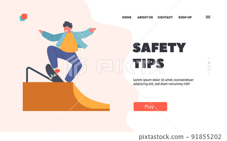 Safety Tips Landing Page Template. Kid Jumping on Quarter Pipe, Skateboarding Outdoor Activity. Little Boy Fun 91855202