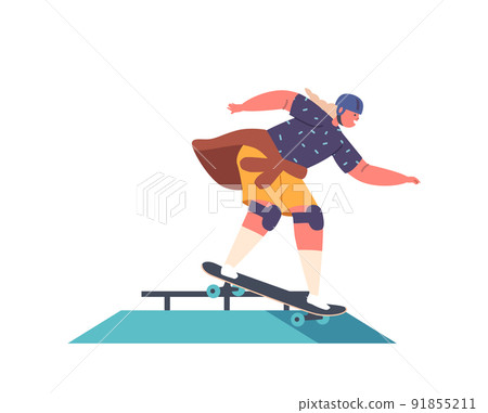 Little Girl Rolling On Skateboard Jump Over Barrier, Kid Character Perform Stunt on Rollerdrome. Stylish Preteen Skating 91855211