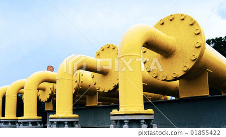 Gas pipeline oil industry. Yellow gas pipe power technology. Fuel energy equipment. Gas industry, oil transport system. 91855422
