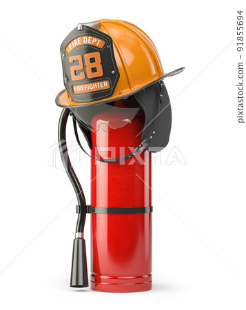 Firefighter helmet on a fire extinguisher isolated on white. 91855694