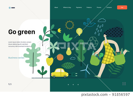 Ecology - Sustainable thinking -Modern flat vector concept illustration, woman with eco bags, electric car, sustainable transport, solar and wind energy, plants. Creative landing web page template 91856597