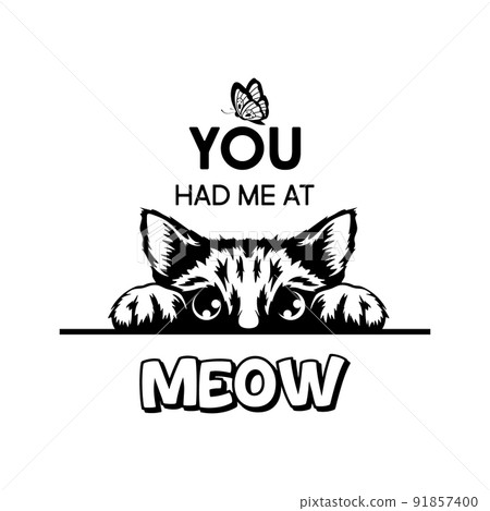 You Had Me At Meow. Vector Poster with Cat Quote and Monochrome Hand Drawn Black and White Hiding Peeking Cute Kitten. Funny Kitten is Peeking and Looking at the Butterfly 91857400