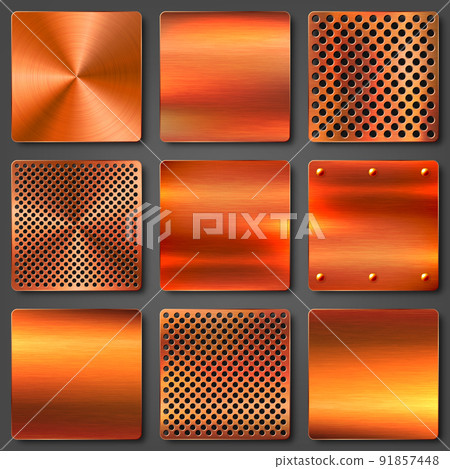 Realistic copper banners collection. Brushed stainless steel plate. Polished metal surface. Scratched industrial texture, metal background. Vector illustration. 91857448