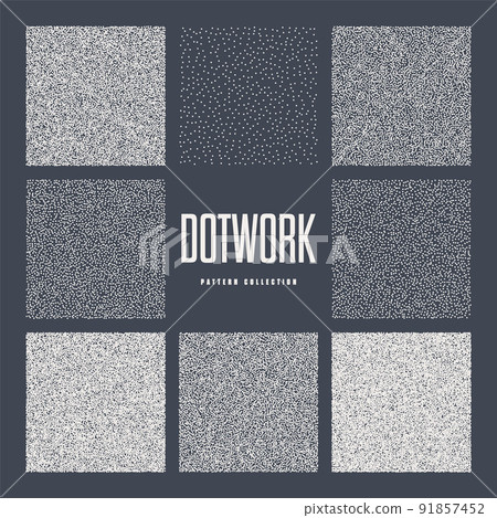 Square shaped dotted objects, stipple elements. Stippling, dotwork drawing, shading using dots. Pixel disintegration, halftone effect. White noise grainy texture, pattern. Vector illustration 91857452