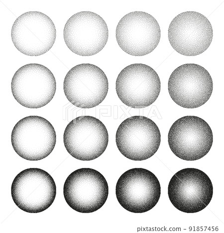 Round shaped dotted objects, stipple elements. Fading gradient. Stippling, dotwork drawing, shading using dots. Pixel disintegration, halftone effect. White noise grainy texture. Vector illustration 91857456