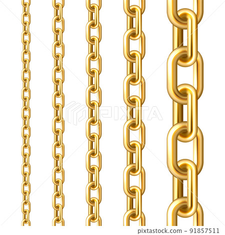 Realistic gold plated seamless metal chain with golden links isolated on white background. Vector illustration. 91857511