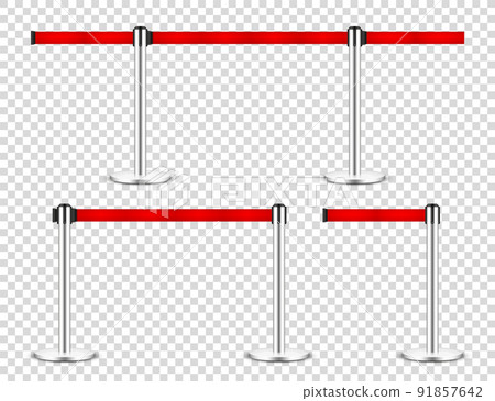Realistic retractable belt stanchion on transparent background. Crowd control barrier posts with caution strap. Queue lines. Restriction border and danger tape. Vector illustration. Realistic retractable belt stanchion on transparent background. Crowd control barrier posts with caution strap. Queue lines. Restriction border and danger tape. Vector illustration. 91857642