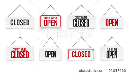 Realistic open or closed hanging signboards. Vintage door sign for cafe, restaurant, bar or retail store. Announcement banner, information signage for business or service. Vector illustration Realistic open or closed hanging signboards. Vintage door sign for cafe, restaurant, bar or retail store. Announcement banner, information signage for business or service. Vector illustration 91857660