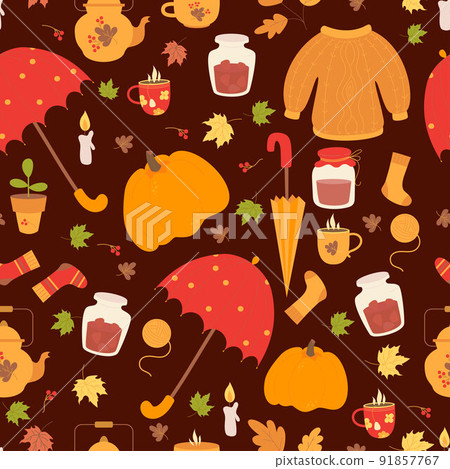 Autumn seamless pattern. Cozy, knitted sweater and socks, jar of jam, cup and teapot, hot tea, an umbrella and pumpkin on burgundy background with autumn leaves. Vector illustration. 91857767