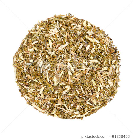 Dried sweet wormwood, Artemisia annua, herb circle from above. The discovery of plant extract artemisinin is a Nobel prize awarded medication used to treat malaria. Used in TCM as tea to treat fever. 91858493