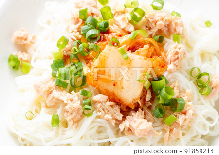 Up of kimchi and tuna bukkake somen. Up of kimchi and tuna bukkake somen. 91859213