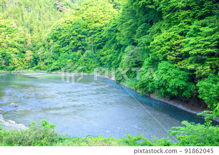 從志摩川湯原橋附近向下游方向眺望新鮮的綠色風景 91862045