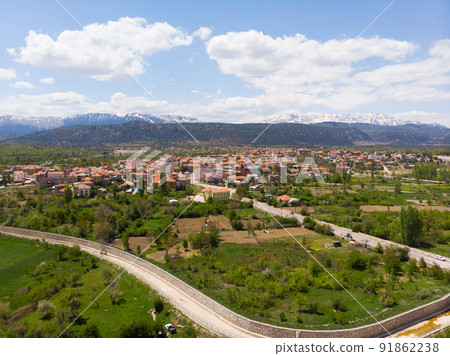 Aerial view of Turkish small town Yesildag in Burdur province 91862238