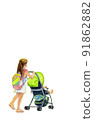 Watercolor, girl pushing stroller, white background 91862882