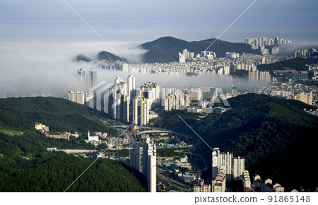 釜山海雲台的早晨，黎明時分被霧遮住 91865148