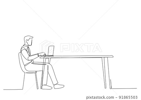 One line drawing of young man sitting on desk, using laptop, working online from home. One line drawing of young man sitting on desk, using laptop, working online from home. 91865503