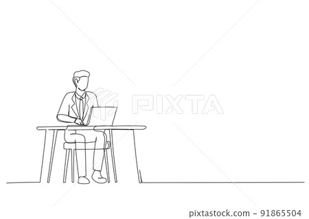 One line illustration of man working at the desk in modern office. Cartoon happy businessman or freelancer using laptop, isolated on white background. Workplace concept. One line illustration of man working at the desk in modern office. Cartoon happy businessman or freelancer using laptop, isolated on white background. Workplace concept. 91865504