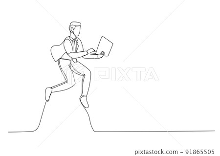 Continuous line illustration of excited guy jumping up with laptop in hands isolated on white background Continuous line illustration of excited guy jumping up with laptop in hands isolated on white background 91865505