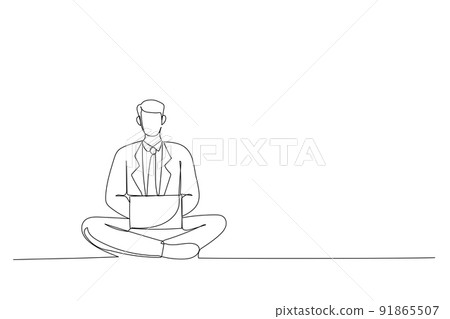 One line illustration of young man in suit holding laptop computer while sitting on a floor isolated over white background. One line illustration of young man in suit holding laptop computer while sitting on a floor isolated over white background. 91865507