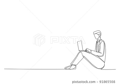 Single line drawing of young man sitting computing computer laptop in isolated white background 91865508