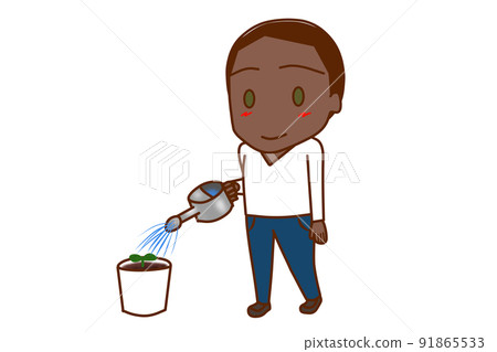 (Whole body diagonal) An African man who carefully sprinkles water on the seeds that have sprouted from the seeds planted in the pot. 91865533