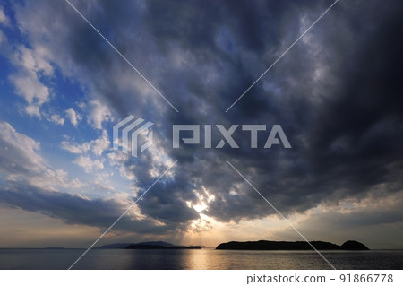 Summer coast evening view with powerful clouds, super wide angle, 220502 pm, sky main 91866778