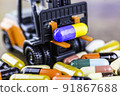 Drug prescription for treatment medication. Pharmaceutical medicament, cure in container for health. Pharmacy theme, capsule pills with medicine antibiotic in packages. blue yellow medicine Ukraine 91867688