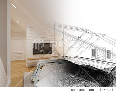 sketch design of interior attic bedroom,3d rendering sketch design of interior attic bedroom,3d rendering 91868081