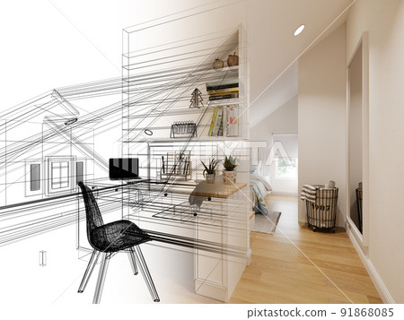 sketch design of interior attic bedroom,3d rendering 91868085