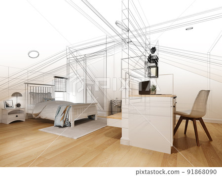 sketch design of interior attic bedroom,3d rendering sketch design of interior attic bedroom,3d rendering 91868090