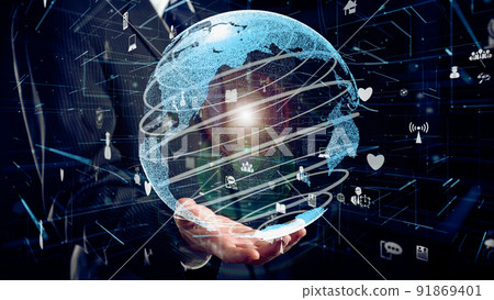 Businessman show hologram of global network communication allusive technology Businessman show hologram of global network communication allusive technology 91869401