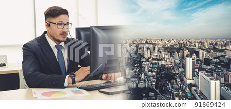 Business people wearing headset working in office broaden view 91869424