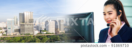 Business people wearing headset working in office in widen view 91869710