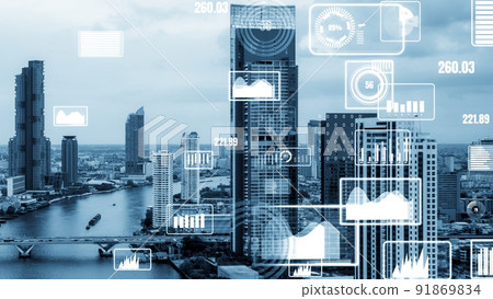 Business data analytic interface fly over smart city showing alteration future 91869834