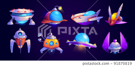 Alien spaceship, ufo game icons vector set. Alien spaceship, ufo game icons vector set. 91870819